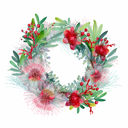 australian christmas wreath on transparent background with australian native flowers, watercolour, vector, clipart, intricate, ultra