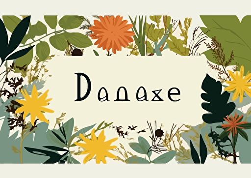 A white rectangle with a name surrounded by botanicals and flowers, vector flat, PNG, SVG, vector illustration