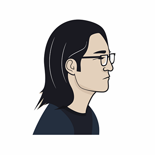 chinese man with glasses, side face, middle long hair, logo, vector, simple, flat, lowdetail, smooth, plain, minimal, straight deign,white background, Rob Janoff style