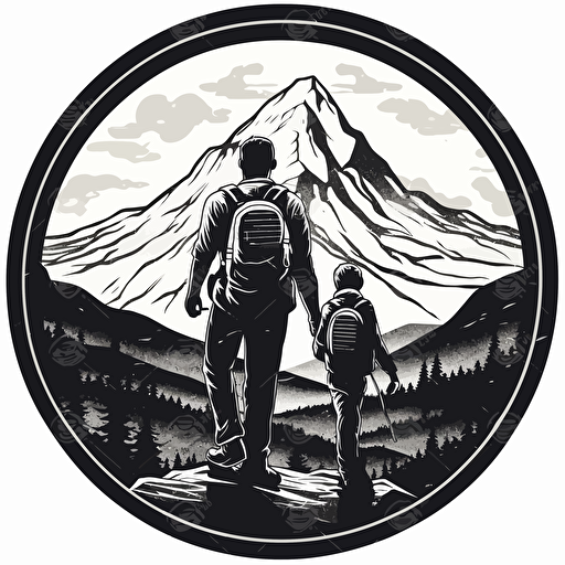 a vector image of a dad and baby hiking with a mountain view in the background using only black, on a white background, badge style