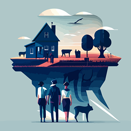 vector style men and women with dog heads standing at a crossroads with children farm house in background clean minimal abstract surrealism V 5