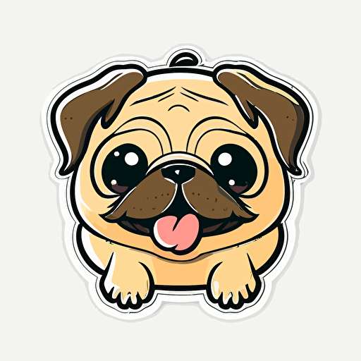 Cute, happy, smiling pug dog head sticker logo, chibi style, cartoon, clean, vector, 2d, white background, no accessories, without accessories, no text, without text