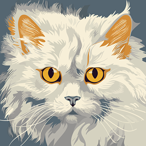 Angora cat, almond eyes, one eye is yellow, one eye is blue, ears are erect, have a hairy structure, paws should be around the background, a vector drawing, like an old poster