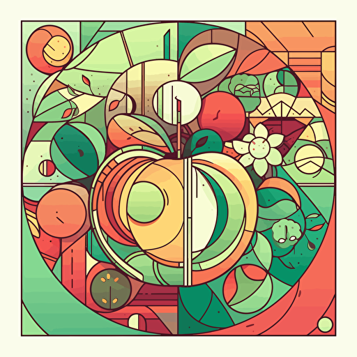 apple thick line illustration with framed botanical ornaments illustration with a shinning sun using the illustrator illustration styles, vectorized, organic forms and shapes, cubism art style, pantone colorful pallet
