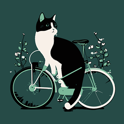 create a balck an white vector illustration about a sweety cat on bike
