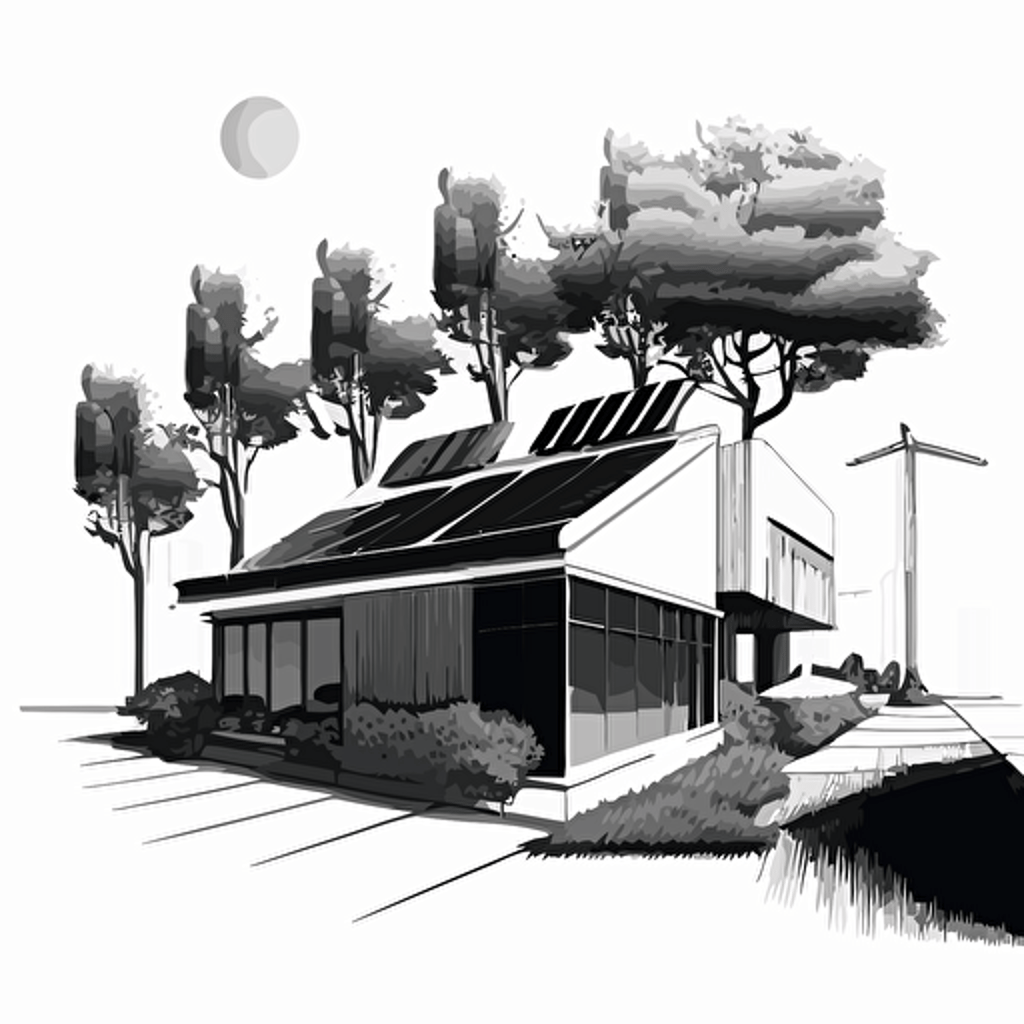 simple vector image of a workshop with trees and photovoltaic panels on the roof, black on white