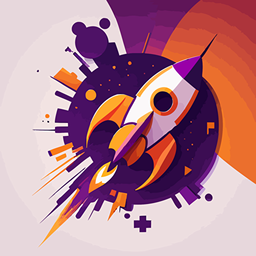 simple, iconic, flat, vector logo, rocket company, with rocket part design elements, purple and orange color