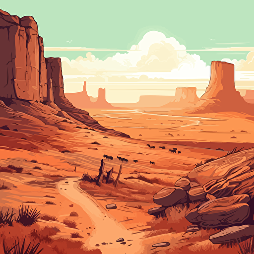 digital illustration western landscape, light colors, vector, contour