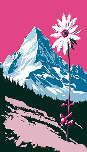 Swiss mountains, digital art, vector art, cute, pretty, simple, Zermatt, pink, edelweiss, by David Hockney