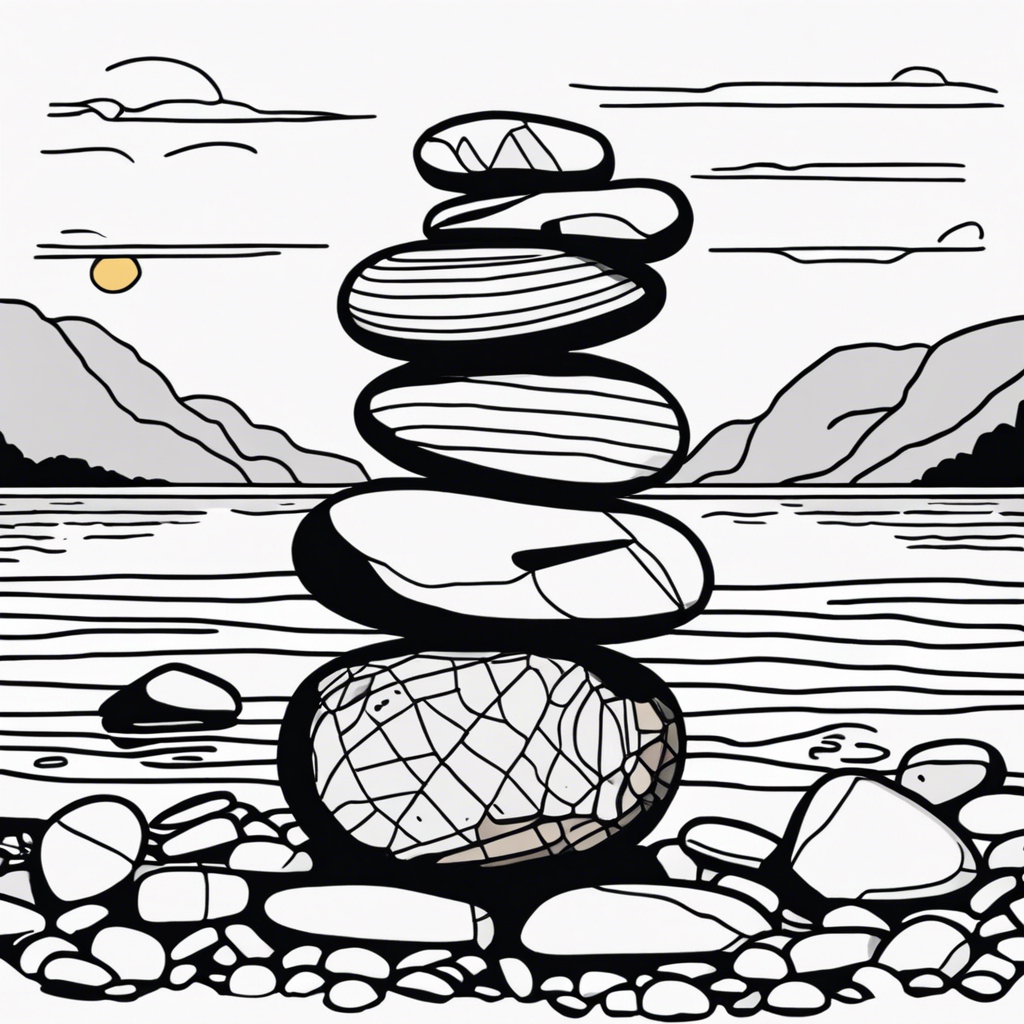 Smooth pebbles stacked beside a river., illustration in the style of Matt Blease, illustration, flat, simple, vector