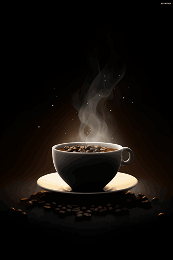 vector art, steaming coffee, coffee beans, dark table,