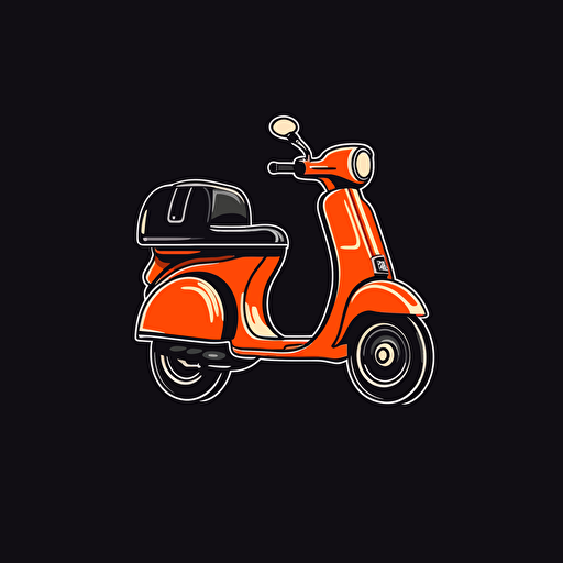 logo, minimal, simple, vector, flat, Vespa delivery, black background color, red Vespa, Orange skating helmet.