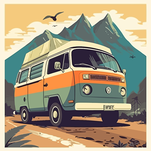 Flat color illustration poster, vector art, van in south america