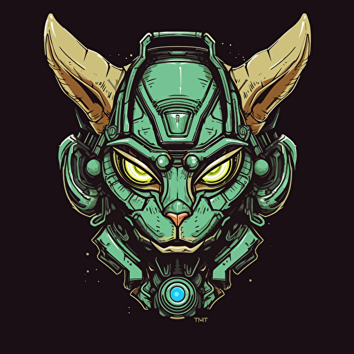 Logo, Menacing, Alien Mecha Cat, Sphynx, Iron Skin, Green Eyes, Big Ears, Vector Style, Robotics,