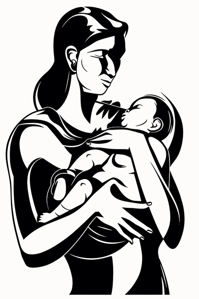 a stunning caucasian mother nursing her baby in her arms closely against her large pectorals, black and white vector with strong contrast on a solid white background