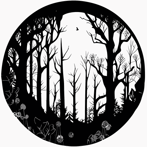 simplified black and white drawing of laser cut forest, monotone, single layer, no shadows, #000000, 70mm diameter perfect circle, black outer border, vector art
