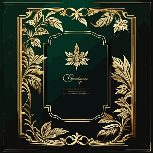 call card template golden ornate frame with two green marijuana leaves, in the style of gail simone, luxurious wall hangings, lettering mastery, carl kleiner, vector art style, karol bak, strong linear elements