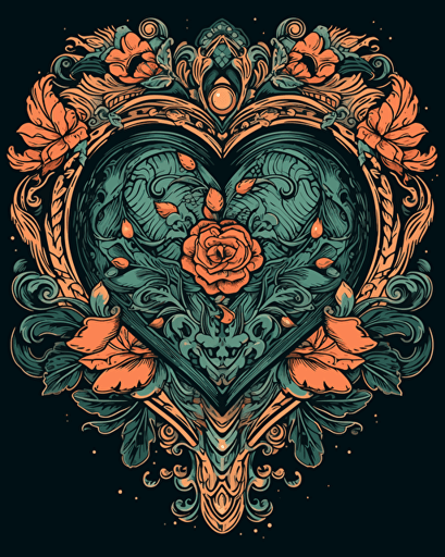 ornate heart , retro aesthetics, vector image, sticker design, pantone colors