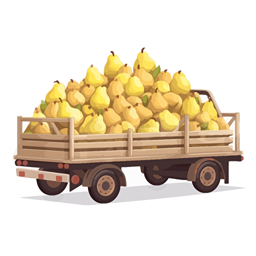 old country truck with wooden trailer full of only yellow-white pears fruit, pears falling out, colorfull, vivid colors, white background, vector style