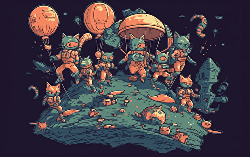 cartoon of a group of anthromoporphic cats dressed in sci-fi battle gear going on an adventure parachuting into an alien planet from their spaceship planets behind them, 2d, vector, hand drawn illustration, nft collection