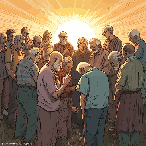 *WIDE ANGLE shot. A warm sunny summer day nearing sunset as background, Vector art, softly colored. a small group of elderly modern day Christians have gathered casually to pray with a old bald guy in the middle. They are huddled together praying with heads bowed and holding each other's hands facing the horizon. angel spirit hovers above them.