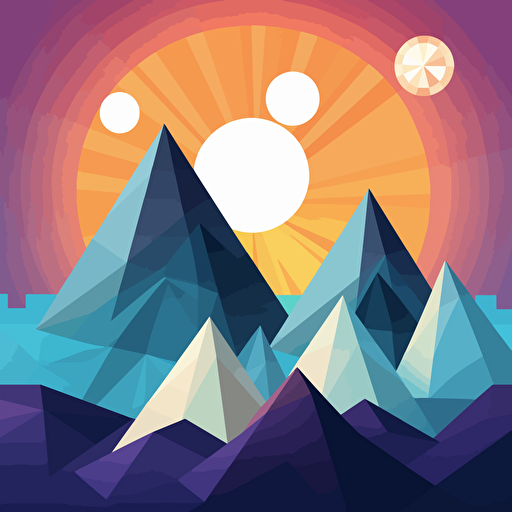 vector art: A mountain range created using triangular shapes, with a geometric sun or moon rising or setting behind it.