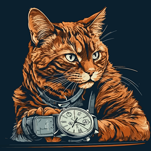vector art style, cat looking at it's watch, in the style of Michael Parks