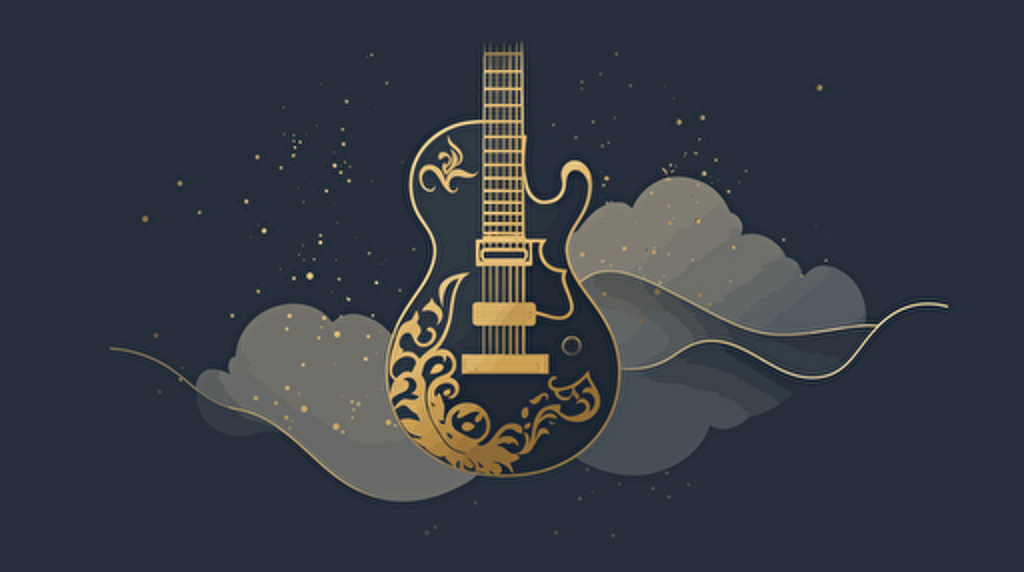 logo, minimalist, vectorized, abstract, gold, brass and grey colors, print layer , delicacy, elegant, magic, ethereal, rock guitar forming one big cloud ,