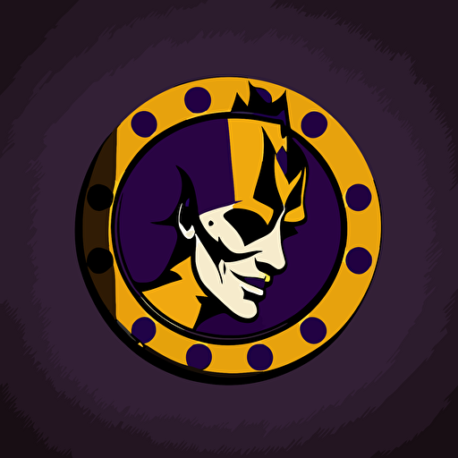 a poker chip with a cute vectorised casino joker head, logo minimalist, purple, yellow gold and black