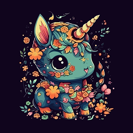 a unicorn, cute chibbi unicorn, art style of studio ghibli, detail! Detail! Detail!, new school design cartoon. Vector, 100% black background, ar3:2