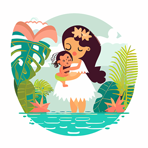 simple flat hula girl baptising a baby in a lake, white background, vector style