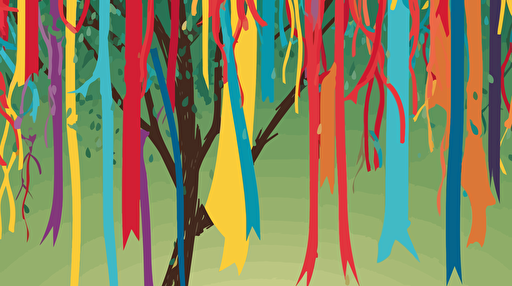 long colourful ribbons hanging vertically from trees, illustration style, vector, simple