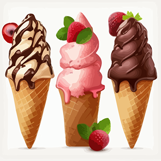 chocolate bar, vanilla, strawberry and raspberry ice cream cones, vector style