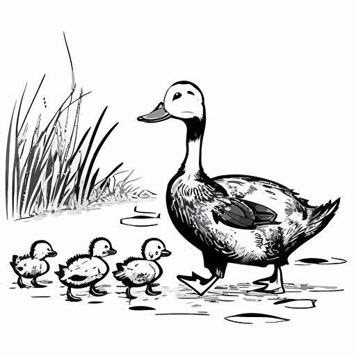 duck and her ducklings following her, simple outline and shapes, coloring page black and white comic book flat vector, white background, ar