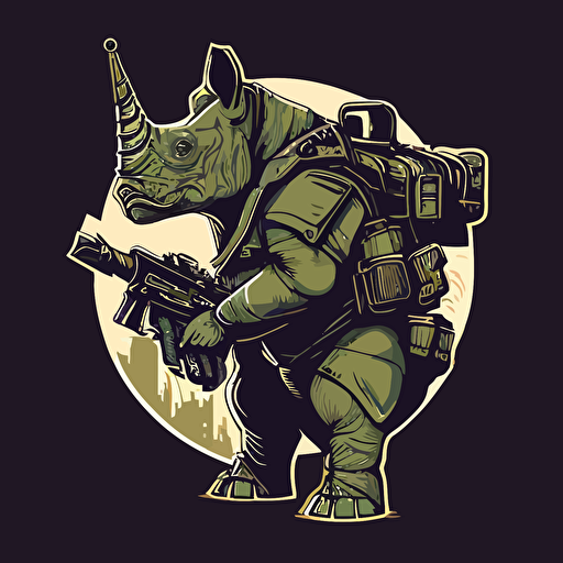 a vector logo design of a rhino with machine gun belts wrapped around his neck, tactical