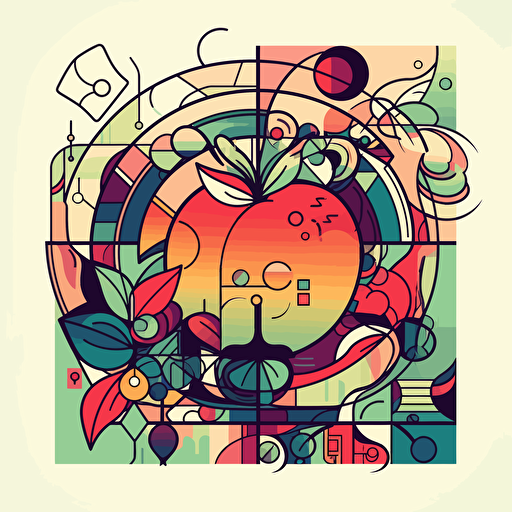 apple thick line illustration with framed botanical ornaments illustration with a shinning sun using the illustrator illustration styles, vectorized, organic forms and shapes, cubism art style, pantone colorful pallet