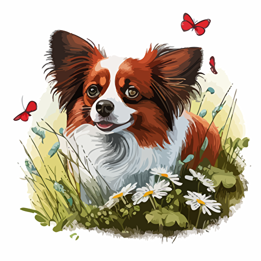 a red and white papillon dog playing in a field of wildflowers, vector art, whimsical, cartoonistic, white background