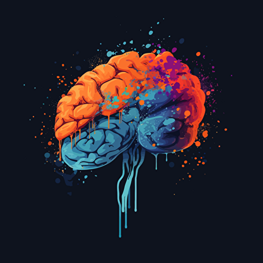 A picture of a brain that symbolize creativity, expertise, Vector Syle, dark background, blue, white, orange