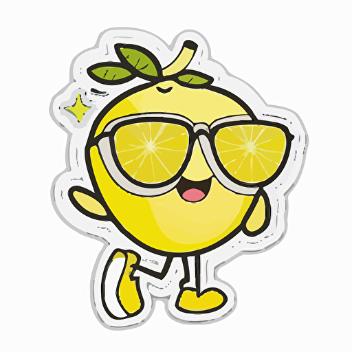 sticker, happy lemon with sunglasses, kawaii, contour, vector, white