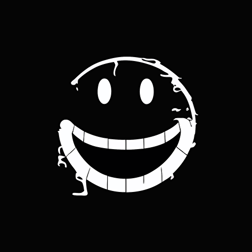 creepy smiley face, Banksy style, black background, large closed shapes, fantasy roboter, white space to fill, abstract, artistic, pen outline, white background, very simple, full field of view, centre, minimalistic logo vector art , simple flat vector logo