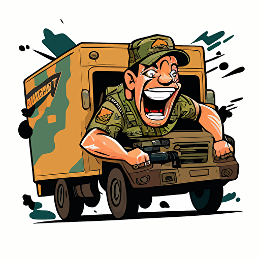 amazon delivery truck but the driver is special forces assaulter, cartoon, vector drawing, colors