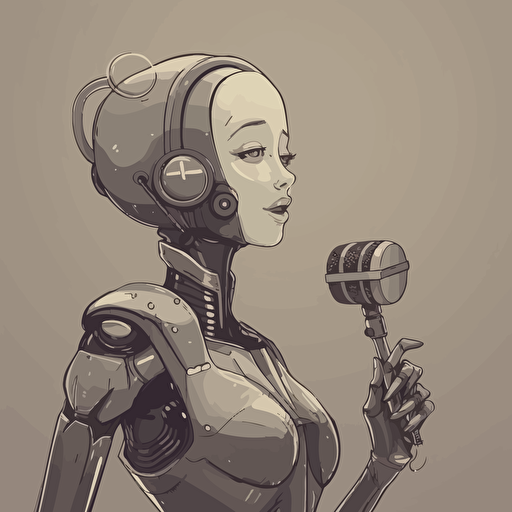 A half girl half robot speaking in front of a microphone, muted colors, 2d vector illustration with a grey background