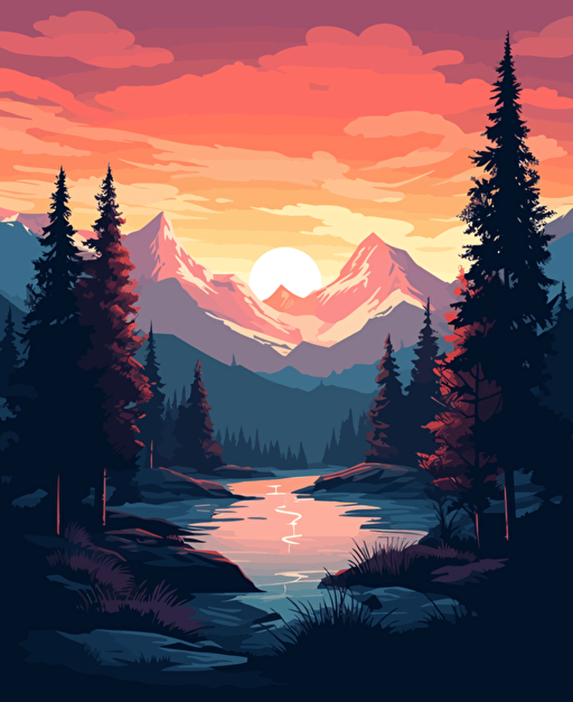 Idyllic sunrise behind an alpine mountain range, pine trees, snow capped mountains, tarn, vector illustration, Disney style