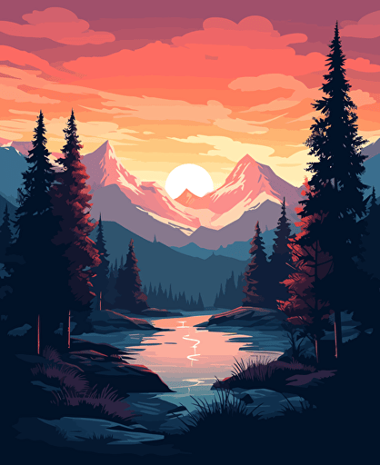 Idyllic sunrise behind an alpine mountain range, pine trees, snow capped mountains, tarn, vector illustration, Disney style