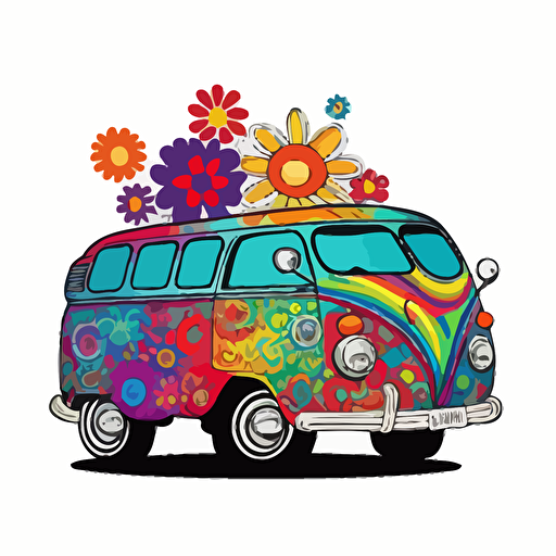 colorful, rainbow doodle style 1960's hippie car with hearts and peace signs and flowers, vector style on a white background
