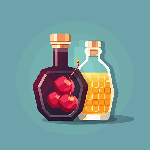 1 single spheric glass bottle: inside a piece of honeycomb and a pair of cherries. Flat vector illustration in the style of Kurzgesagt. no multiple bottles