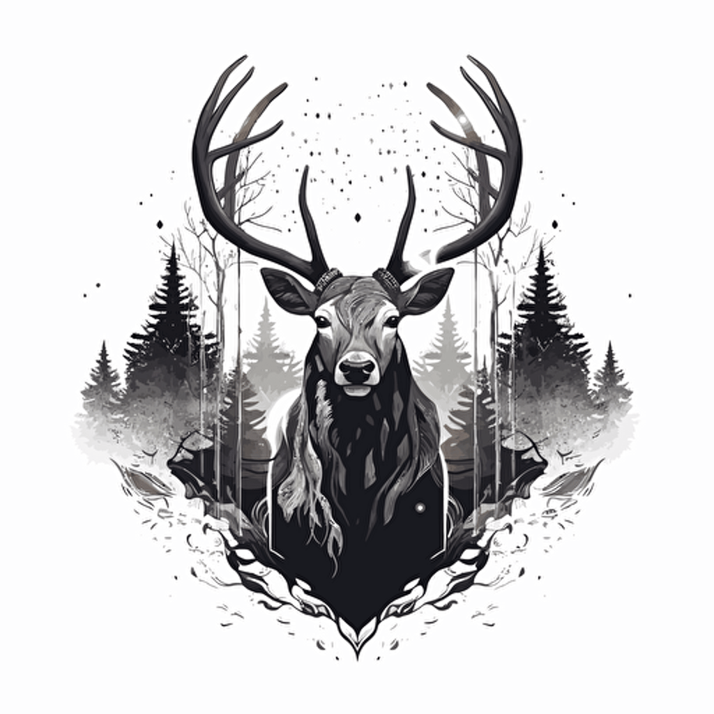 elk with one antler like a unicorn, open mouth, black and white vector illustration, simple ::vector style