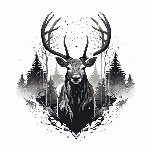 elk with one antler like a unicorn, open mouth, black and white vector illustration, simple ::vector style