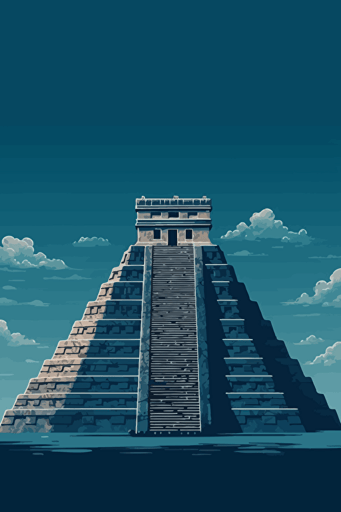 front view of the Chichen itza, blue sky, vector design, minimalist, flat