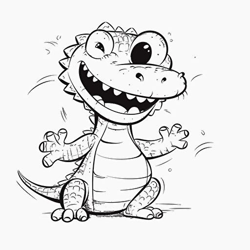 alligator, cute, happy, pixar, coloring page black and white comic book flat vector, white background